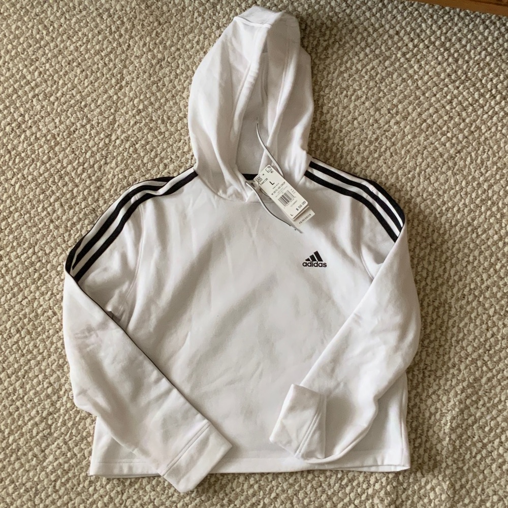 Adidas White Cropped Hoodie with Black Accents NWT
